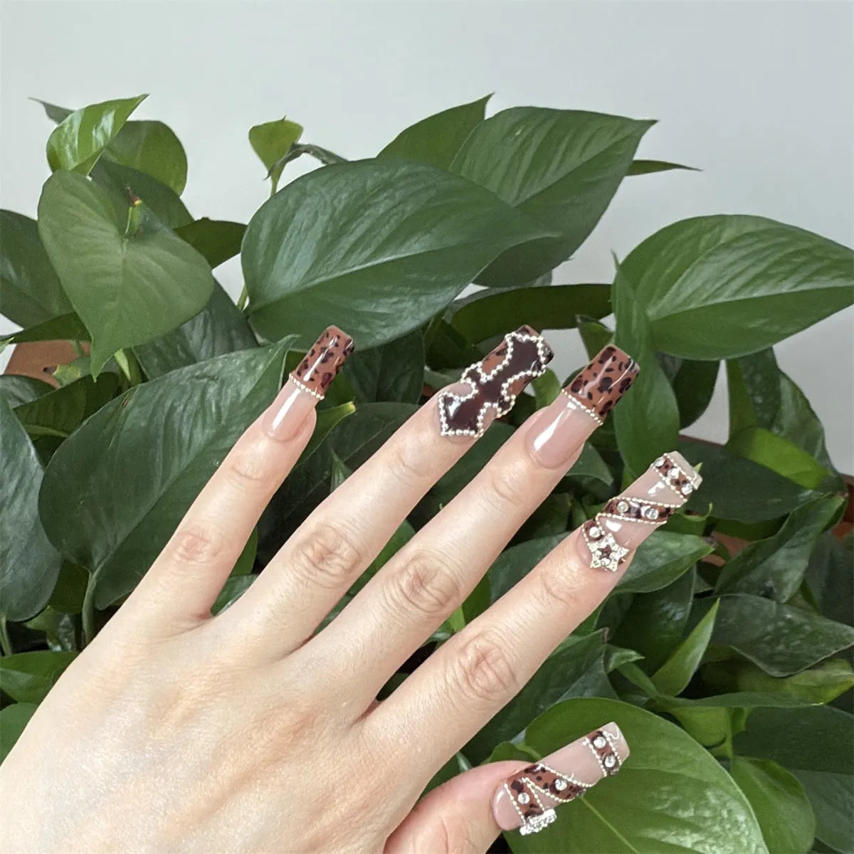 Faux ongles à presser en acrylique carré imprimé léopard de luxe