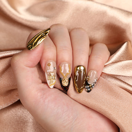 Amber Era Vintage Press On Nails Short Handmade Luxury Almond Nail Set Classic Design for Elegant Everyday Wear
