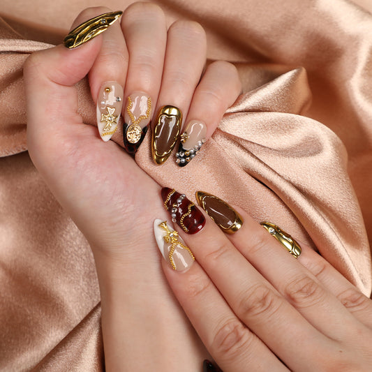 Amber Era Vintage Press On Nails Short Handmade Luxury Almond Nail Set Classic Design for Elegant Everyday Wear