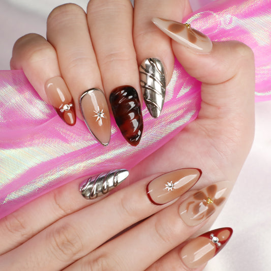 Hot Mocha Handmade Reusable Nail Set Short Almond Acrylic Brown Press On Nails For Beginner Fall Winter Nail