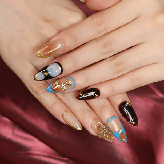Cocoa Bloom Short Brown & Blue Almond Shape Handmade Luxury Press On Nail Set For Beginner Daily Wear Party Dinner