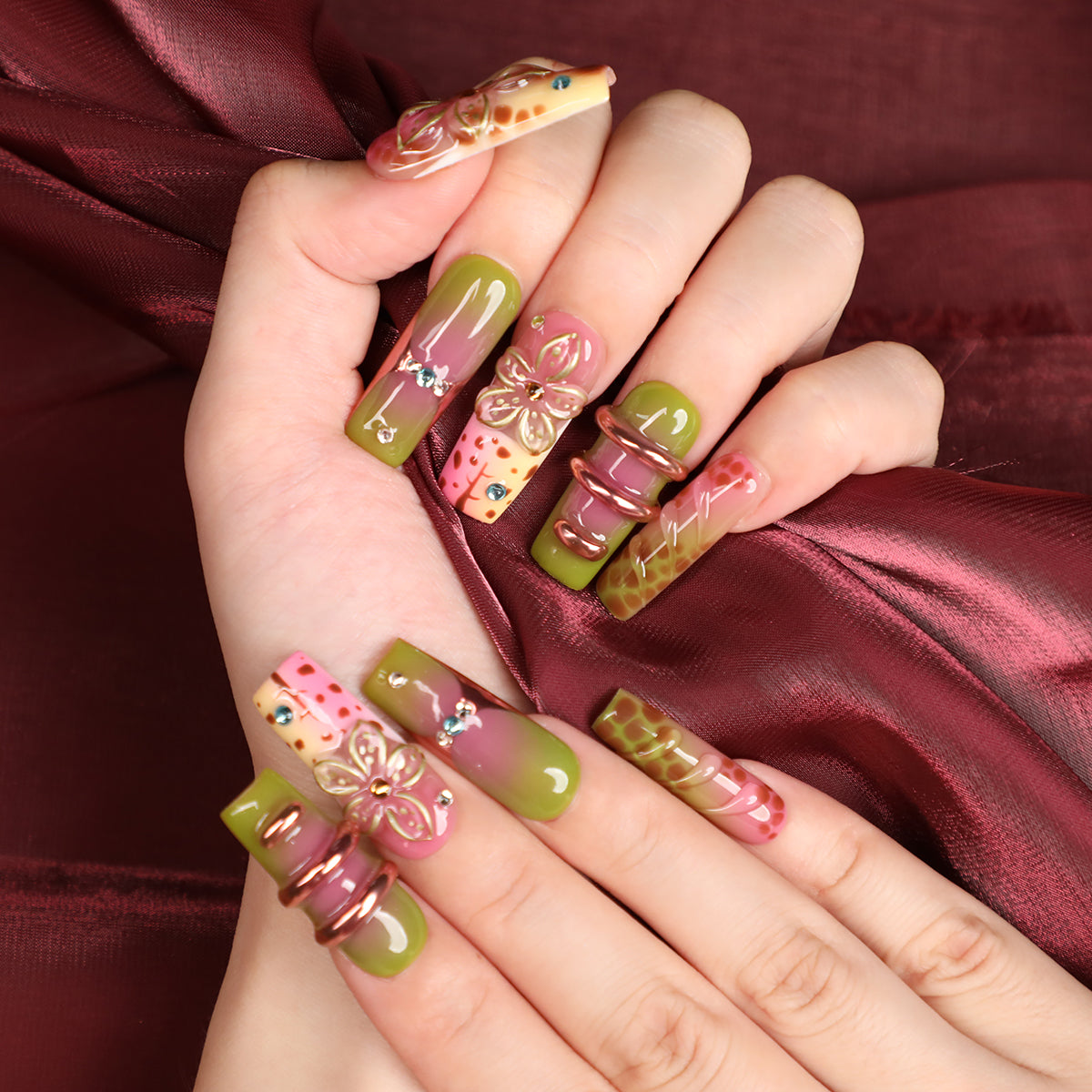 Rainbow In Jungle Square Shape Handmade Luxury Medium Length Press On Rainbow Nail Set For Beginner Daily Wear Party Dinn