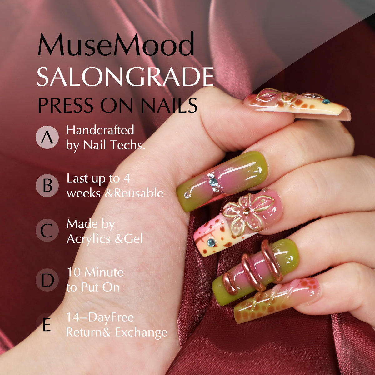 Rainbow In Jungle Square Shape Handmade Luxury Medium Length Press On Rainbow Nail Set For Beginner Daily Wear Party Dinn