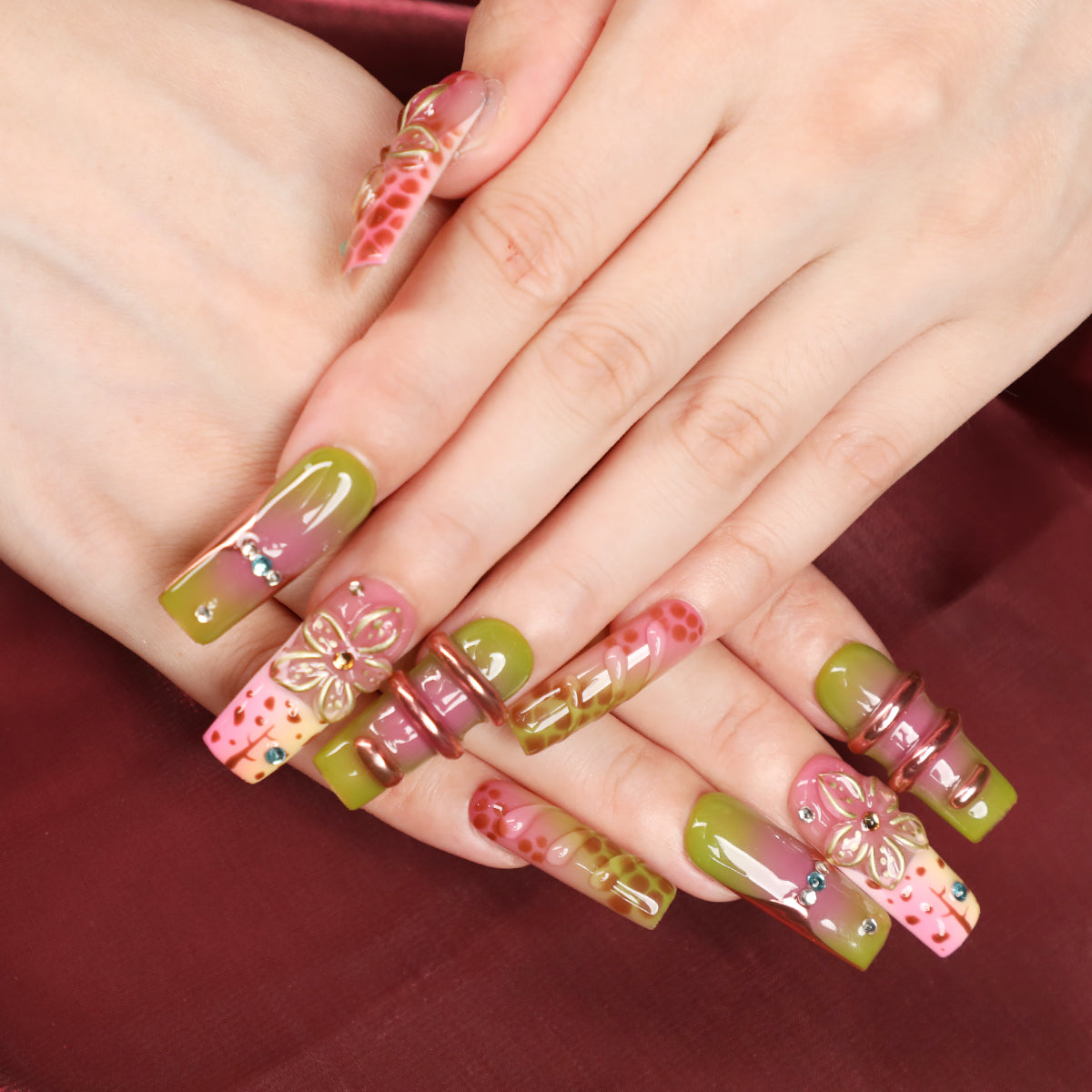 Rainbow In Jungle Square Shape Handmade Luxury Medium Length Press On Rainbow Nail Set For Beginner Daily Wear Party Dinn