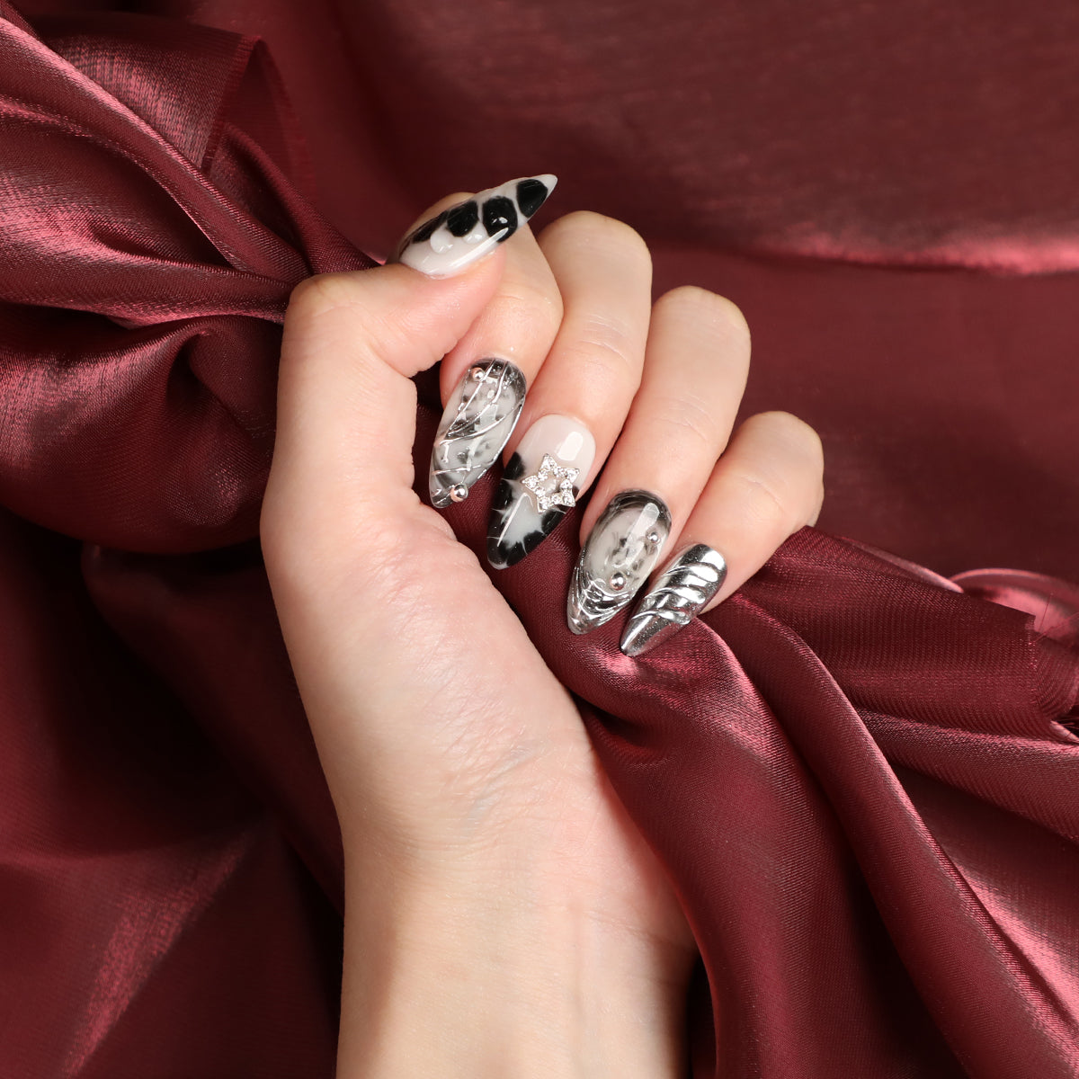Cloud Shadow Handmade Short Almond Shape Luxury Sliver Press On Nail Set For Beginner Daily Wear Party Dinner