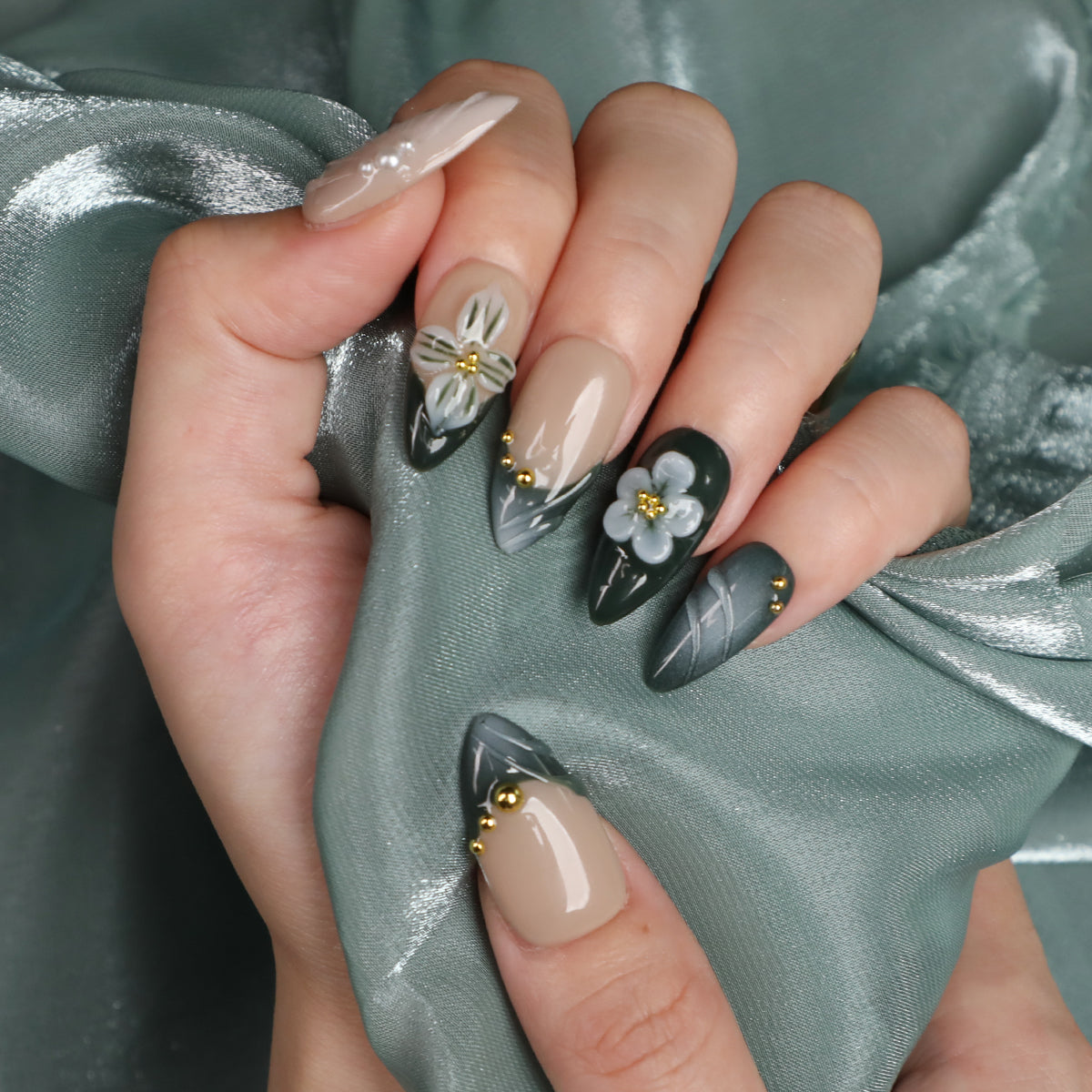 Forest Veil Short Dark Green Almond Shape Handmade Luxury Press On Nail Set Beginner Friendly Fake Nails For  Daily Wear Party Dinner