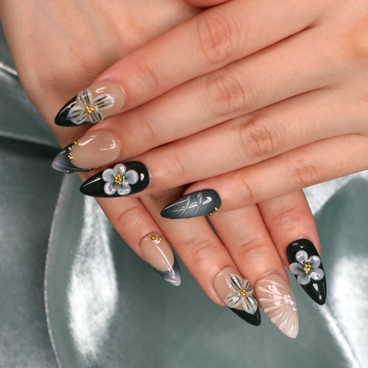 Forest Veil Short Dark Green Almond Shape Handmade Luxury Press On Nail Set Beginner Friendly Fake Nails For  Daily Wear Party Dinner