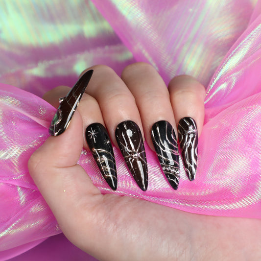 Dark Glimmer Soft Black Stiletto Shape Handmade Luxury Medium Length Press On Nail Set For Beginner Daily Wear Party Dinner