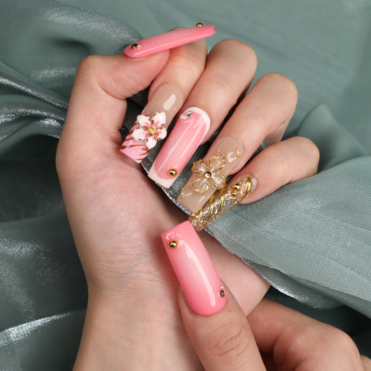 Cherry Blossom Season Medium Length Handmade Square Shape Luxury  Press On Nail Set For Beginner Daily Wear Party Dinner