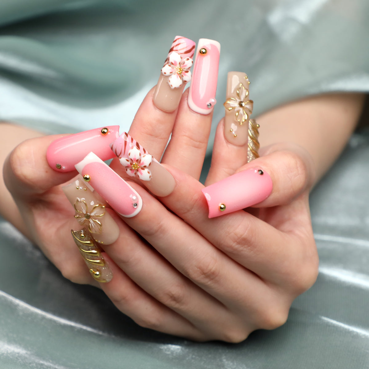 Cherry Blossom Season Medium Length Handmade Square Shape Luxury  Press On Nail Set For Beginner Daily Wear Party Dinner