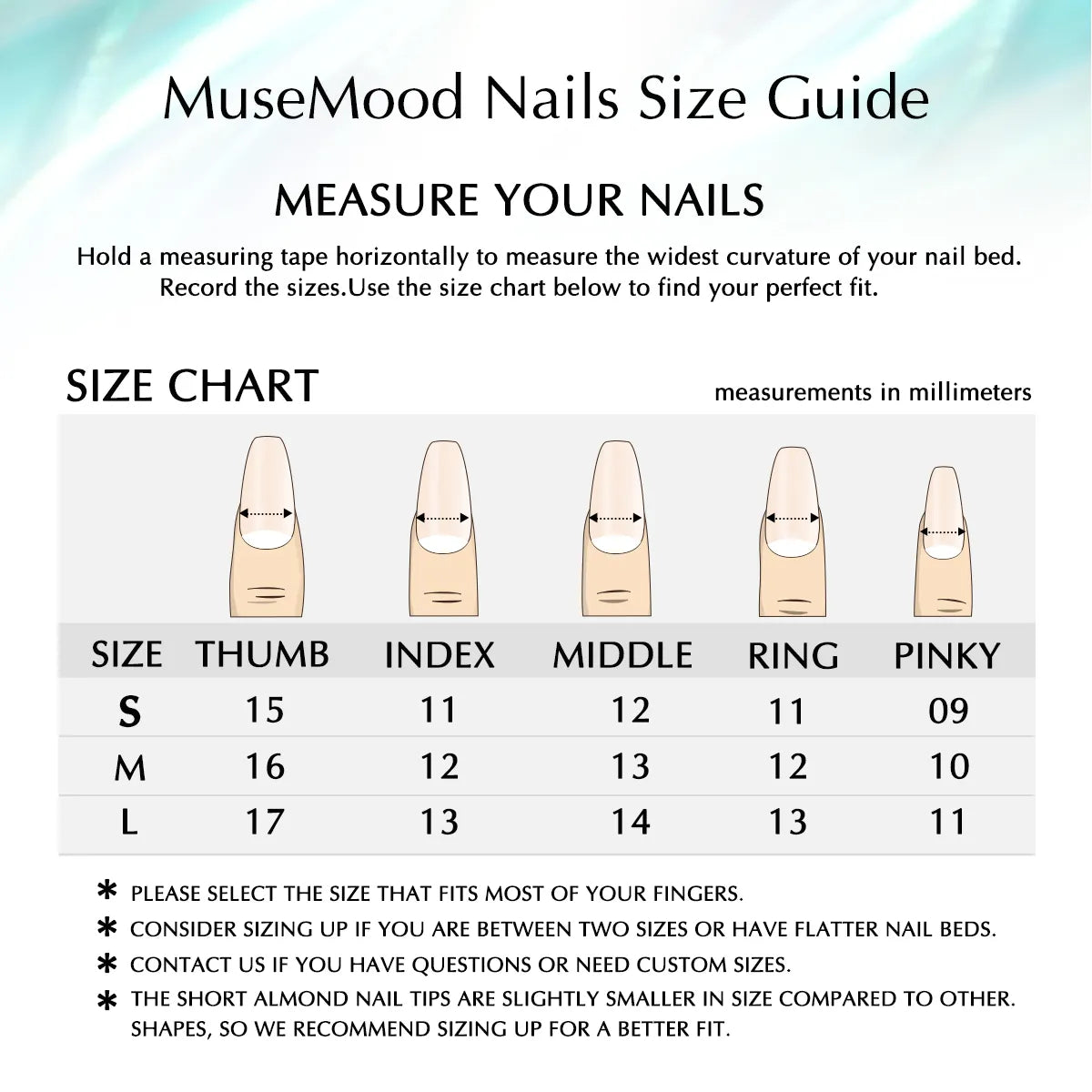 musemoodnail size chart reference to help people how to measure the nails and choose proper size