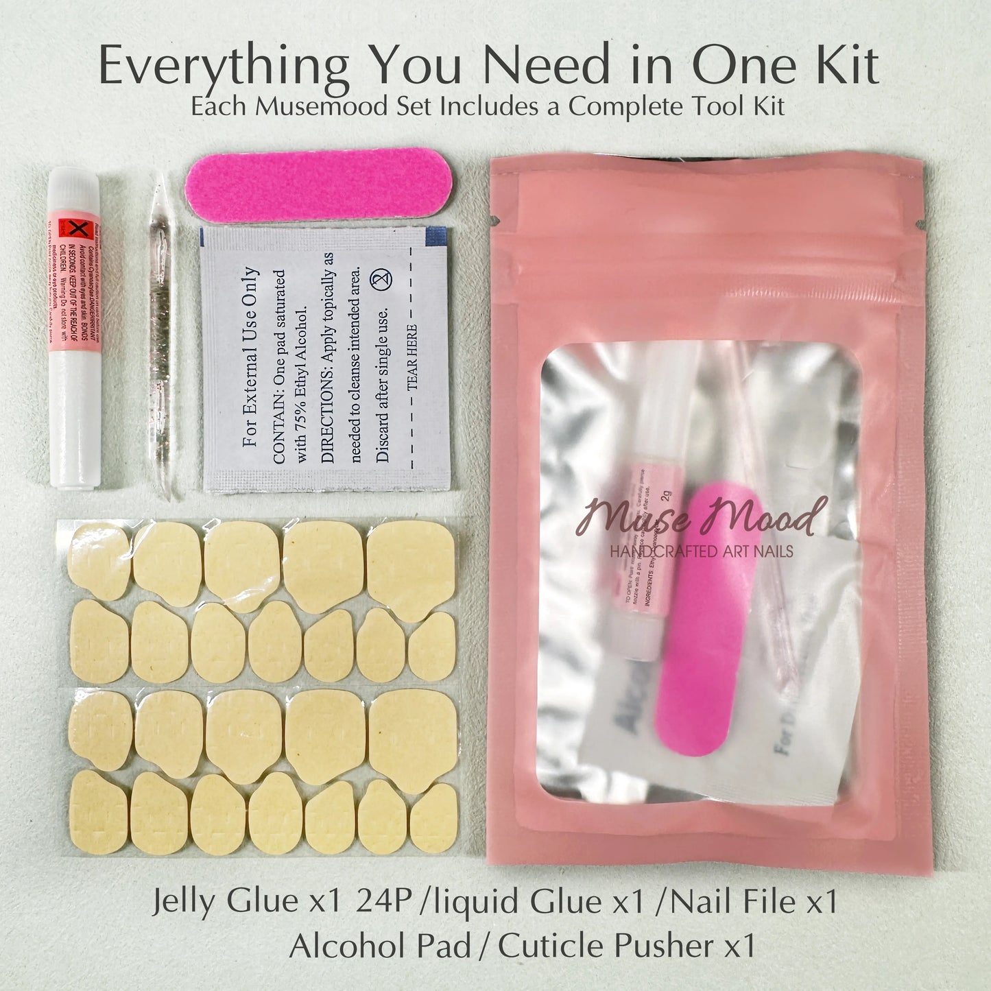 musemood nail tool kit that came with every order includes sticker tabs, glue, nail file, alcohol pad, cuticle pusher.