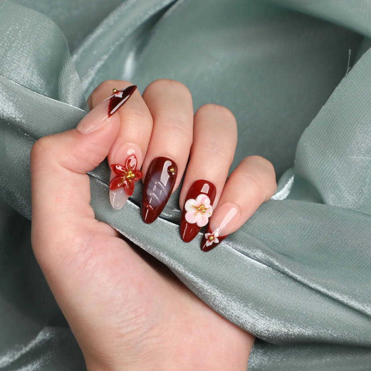 Burgundy Bloom Almond Acrylic Press-On Nails