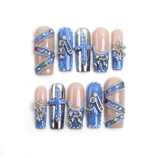 Denim Chrome Handmade Press On Nails