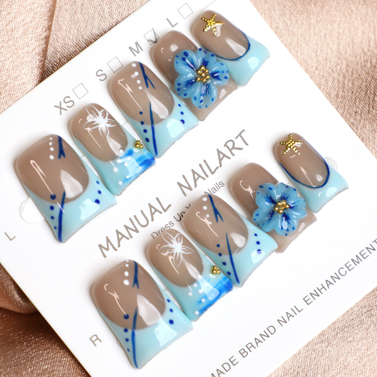 Luxury Blue Floral Handmade French Press-On Nails – Reusable Full-Cover Acrylic with Delicate Flowers, Glitter & 3D Accents, Perfect for Weddings, Parties & Everyday Elegance (10 PCS)