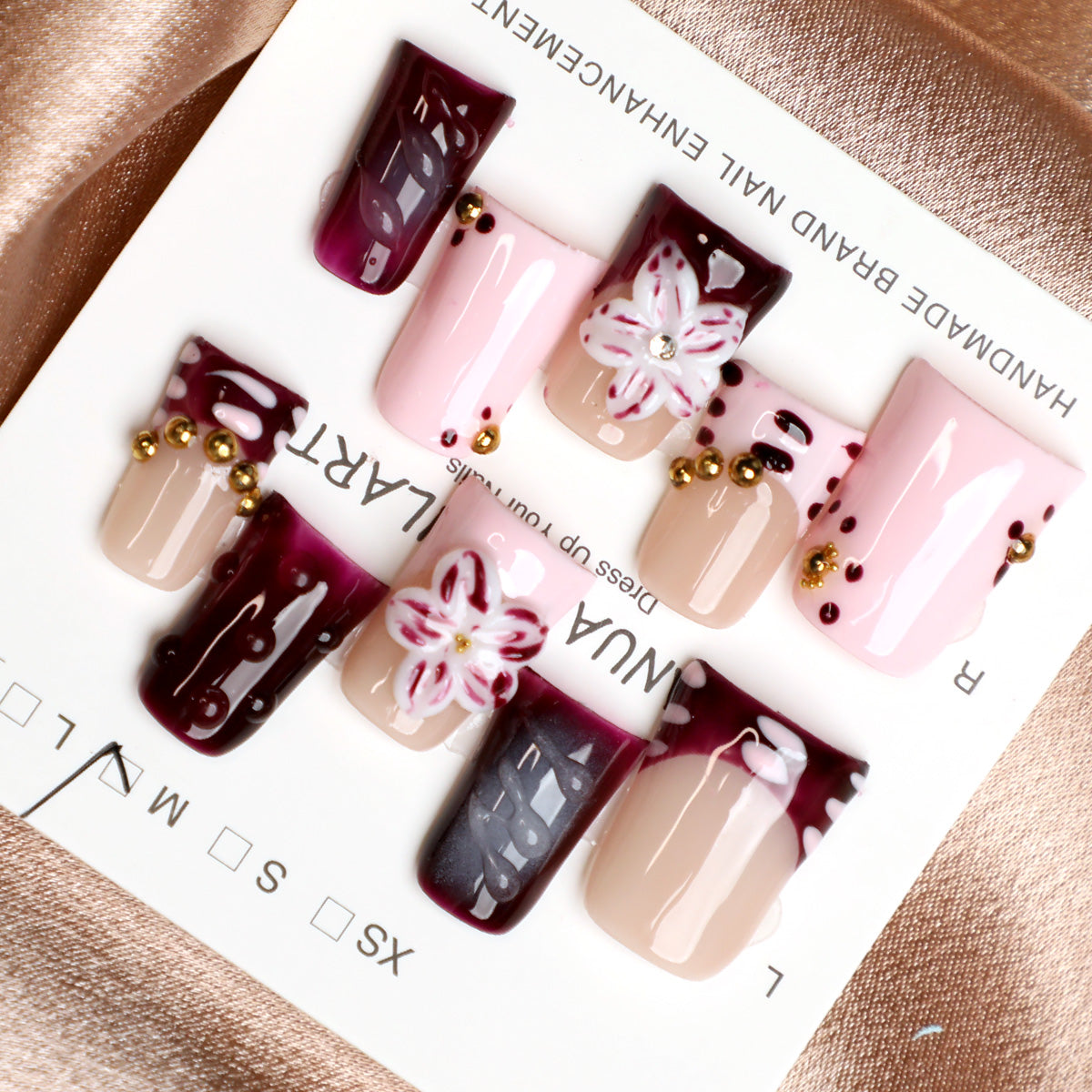 Romantic Luxury Handmade French Press-On Nails with Floral Art Burgundy & Pink Tone Reusable Full-Cover Acrylic Nail Set
