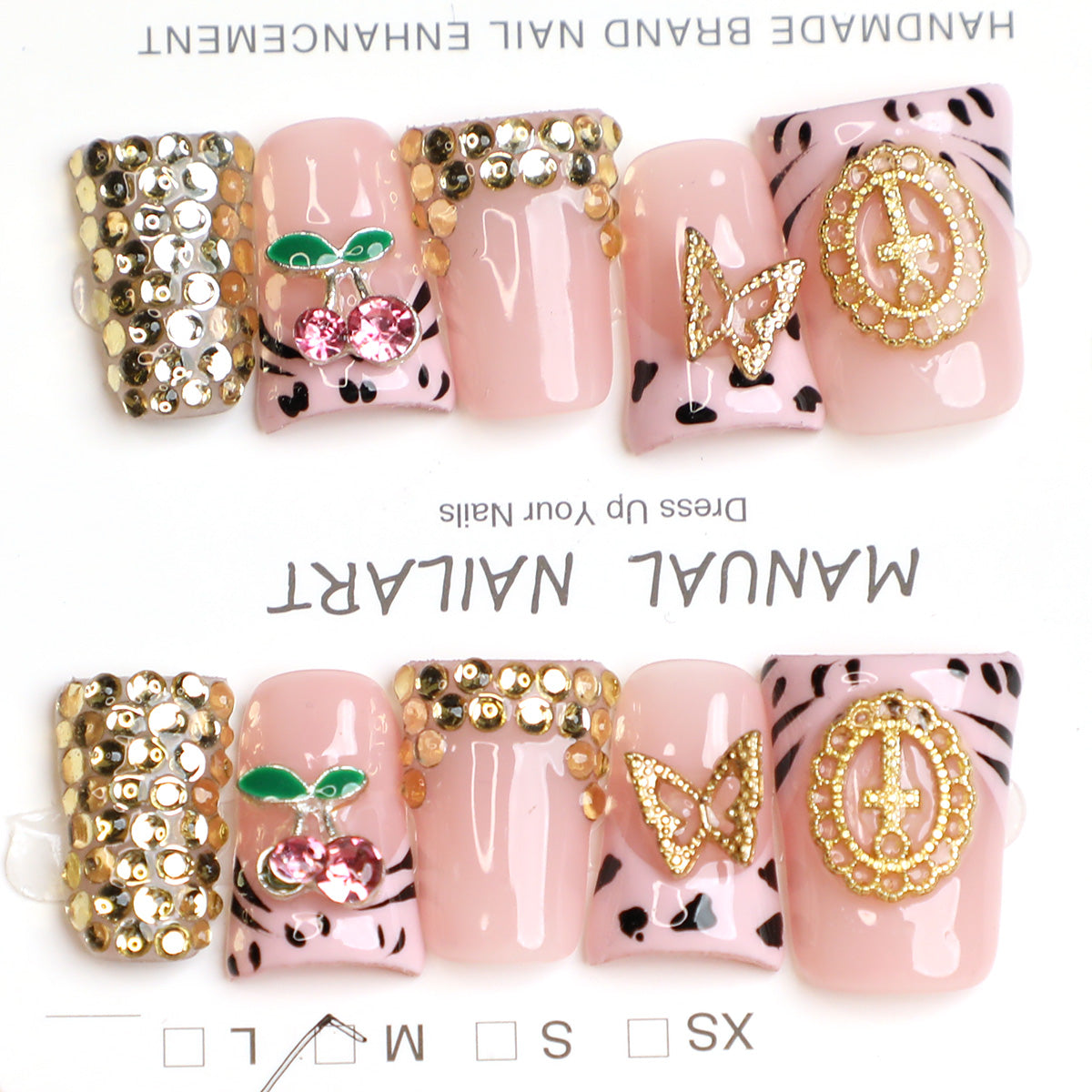Sweet Cherry Nude & Crystal Pink French Tip Handmade Press-On Nails