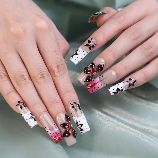 Rose-butterfly Kiss Handmade Luxury Square Acrylic Press On Nail