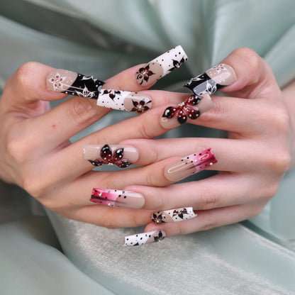 Rose-butterfly Kiss Handmade Luxury Square Acrylic Press On Nail