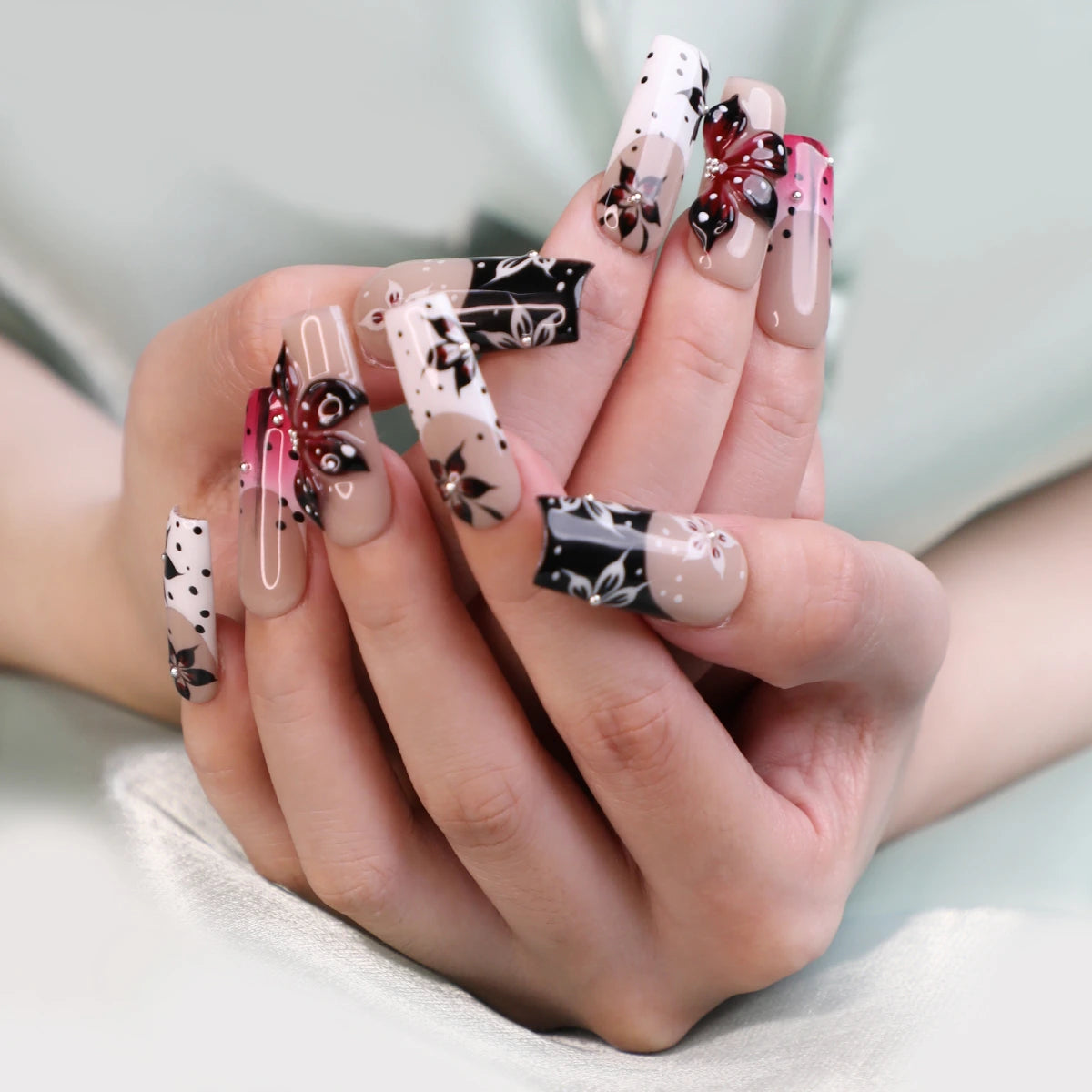 Rose-butterfly Kiss Handmade Luxury Square Acrylic Press On Nail