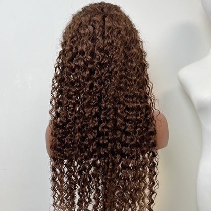 Color 4 Brown Water Wave Full 13*4 Transparent Lace Frontal Wig 26 Inch 250% Density