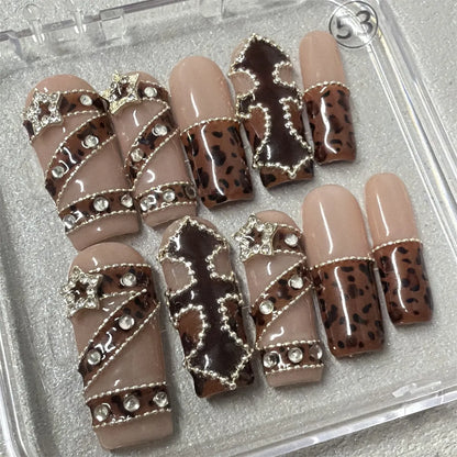 Faux ongles à presser en acrylique carré imprimé léopard de luxe