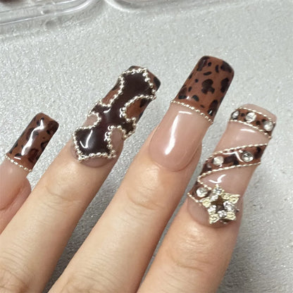 Faux ongles à presser en acrylique carré imprimé léopard de luxe