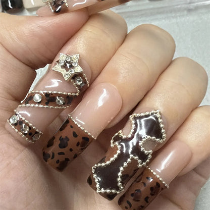 Faux ongles à presser en acrylique carré imprimé léopard de luxe