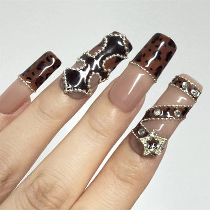 Faux ongles à presser en acrylique carré imprimé léopard de luxe