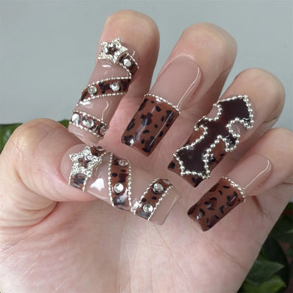 Faux ongles à presser en acrylique carré imprimé léopard de luxe