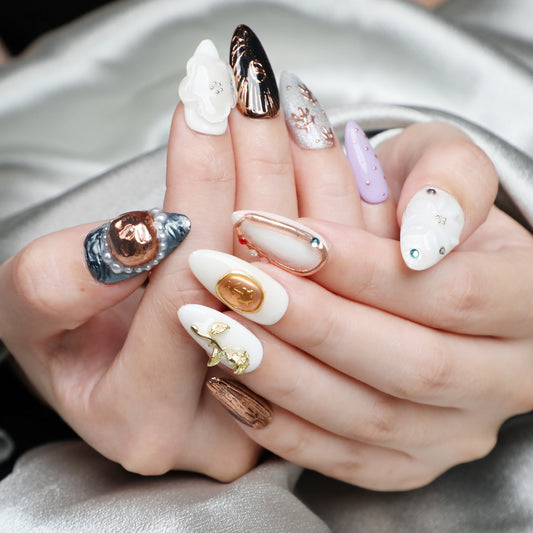 Solar Whisper Handmade Almond Acrylic Press On Nails Reusable Fake Nail Set Glam Design Long Lasting Nail Set For Beginner Daily Wear Party Prom Includes Application Kit