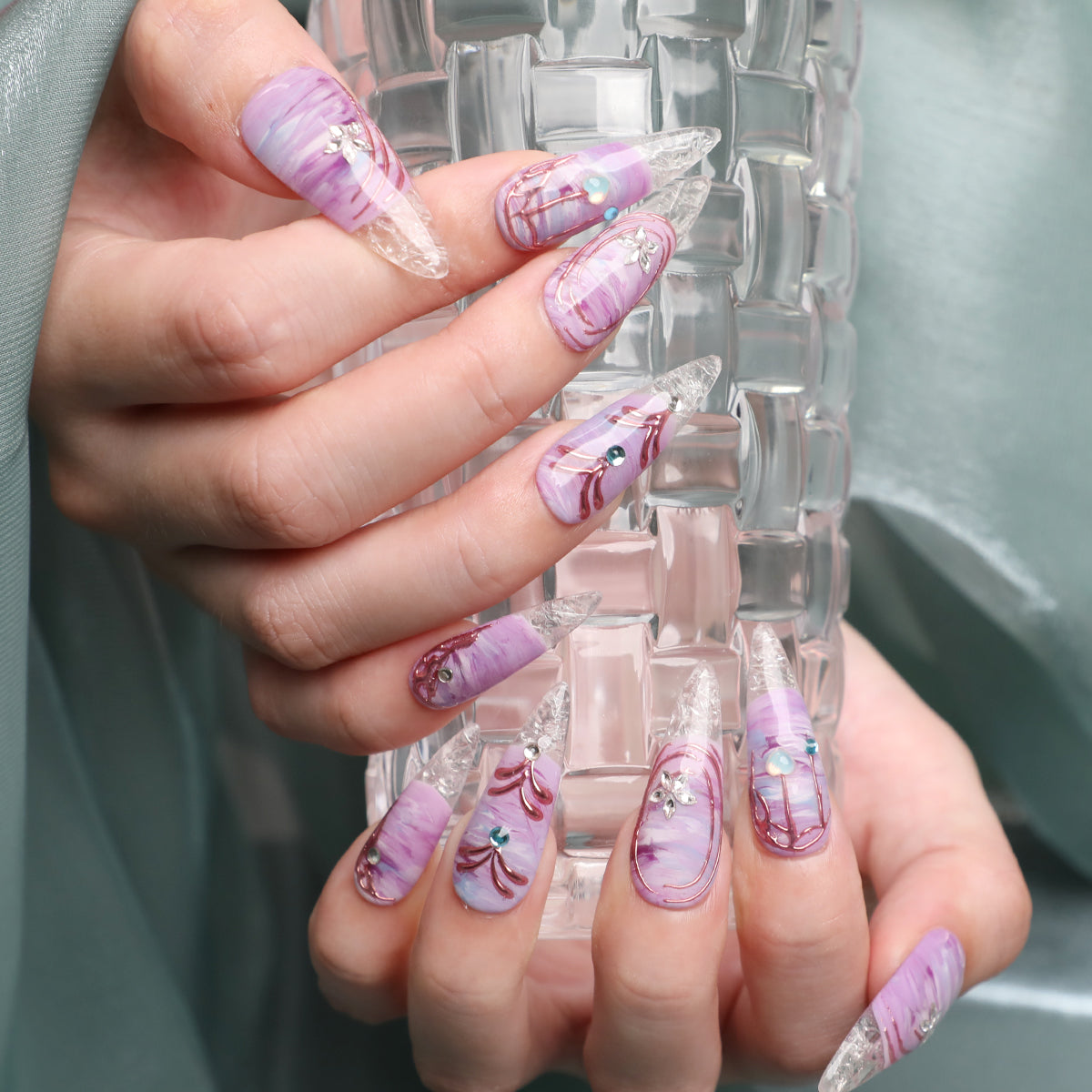 Twilight Charm Handmade Purple Stiletto Acrylic Press On Nails Icy Top For Beginner Party Daily Wear Event