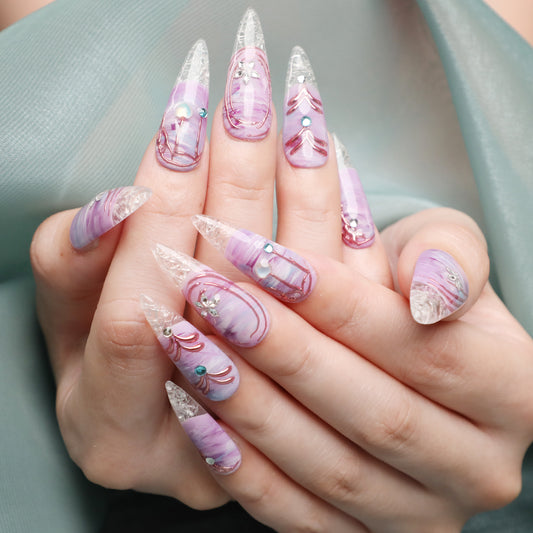 Twilight Charm Handmade Purple Stiletto Acrylic Press On Nails Icy Top For Beginner Party Daily Wear Event