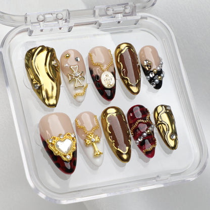 Amber Era Vintage Press On Nails Short Handmade Luxury Almond Nail Set Classic Design for Elegant Everyday Wear