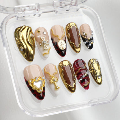 Amber Era Vintage Press On Nails Short Handmade Luxury Almond Nail Set Classic Design for Elegant Everyday Wear