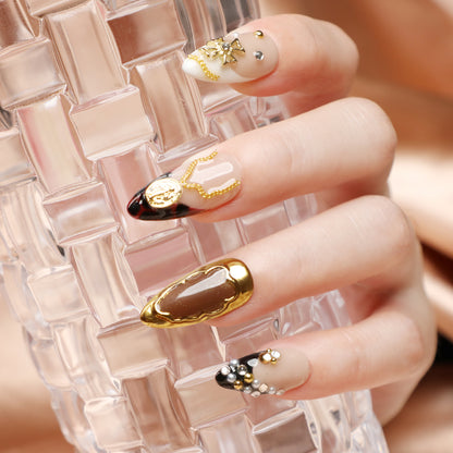 Amber Era Vintage Press On Nails Short Handmade Luxury Almond Nail Set Classic Design for Elegant Everyday Wear