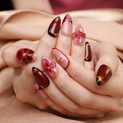 Petal Rain Handmade Short Almond Acrylic Press On Pink Nails Set For Beginner Daily Wear Dinner Party