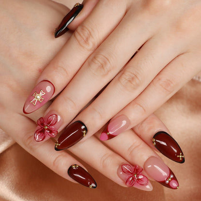 Petal Rain Handmade Short Almond Acrylic Press On Pink Nails Set For Beginner Daily Wear Dinner Party