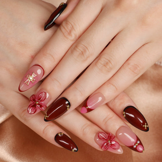Petal Rain Handmade Short Almond Acrylic Press On Pink Nails Set For Beginner Daily Wear Dinner Party