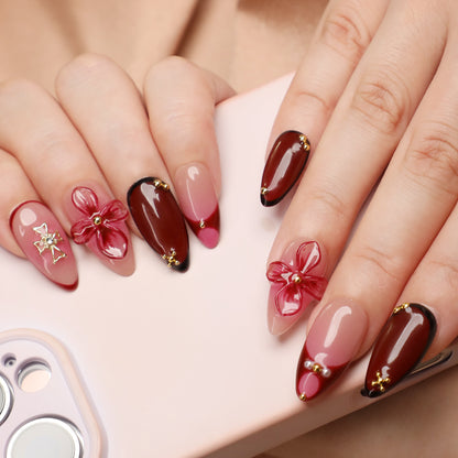 Petal Rain Handmade Short Almond Acrylic Press On Pink Nails Set For Beginner Daily Wear Dinner Party
