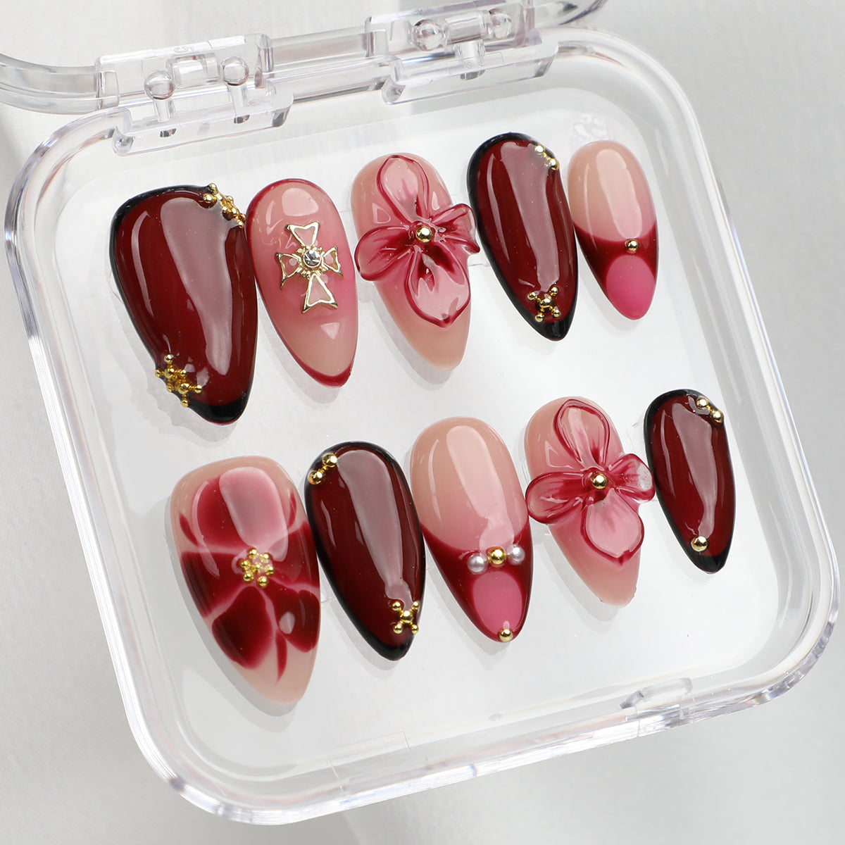 Petal Rain Handmade Short Almond Acrylic Press On Pink Nails Set For Beginner Daily Wear Dinner Party