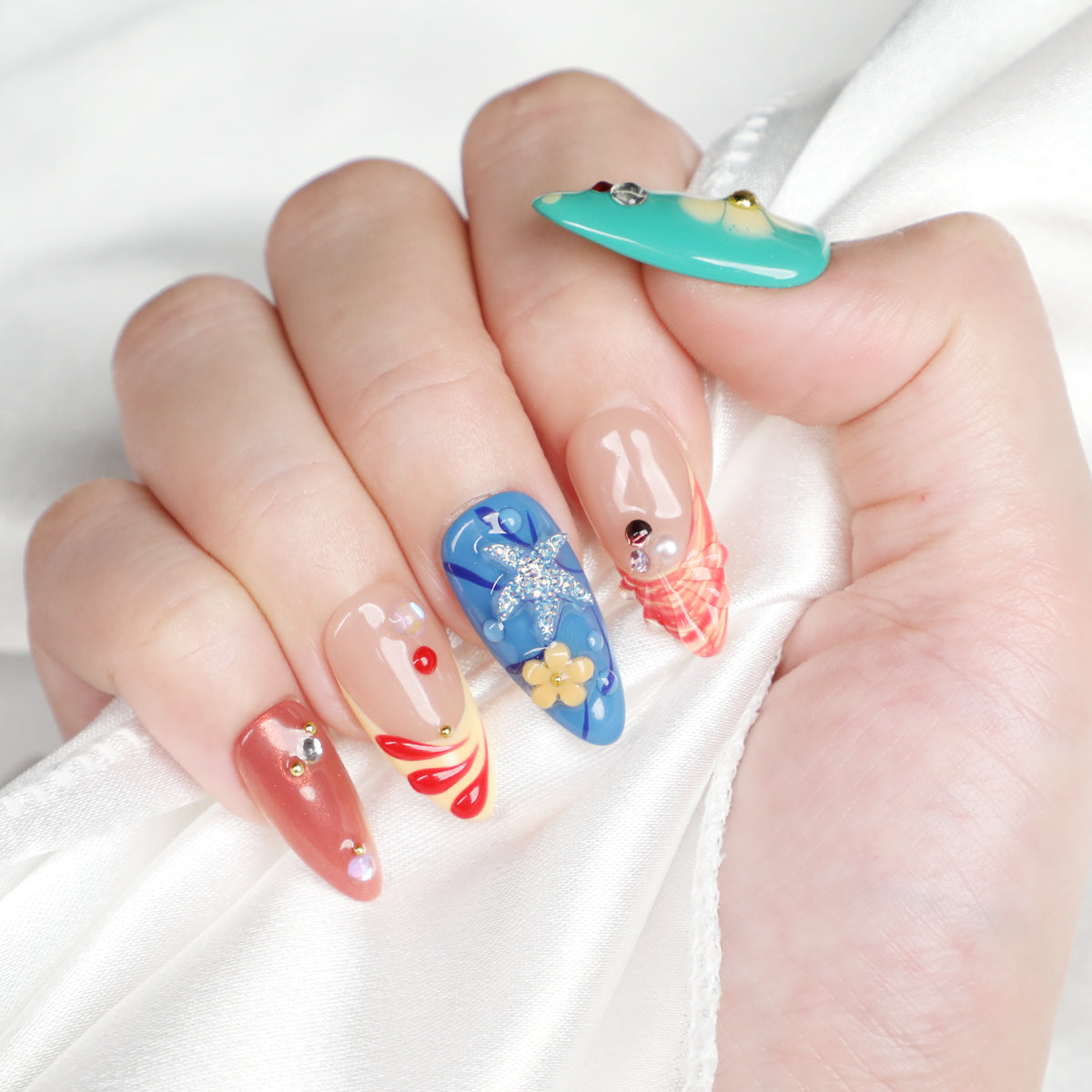 Wave Fantasy Handmade Almond Acrylic Short Press On Nails Ocean Nail For Holiday Beginner Friendly Fake Nail Set