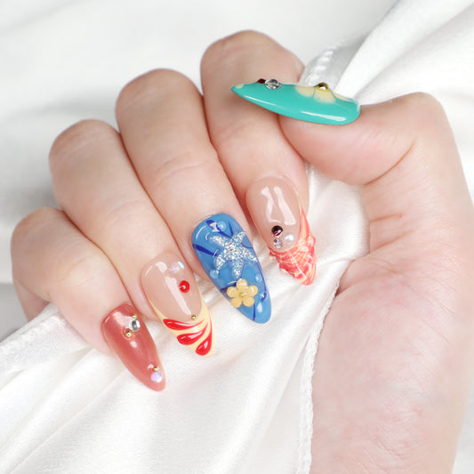 Wave Fantasy Handmade Almond Acrylic Short Press On Nails Ocean Nail For Holiday Beginner Friendly Fake Nail Set