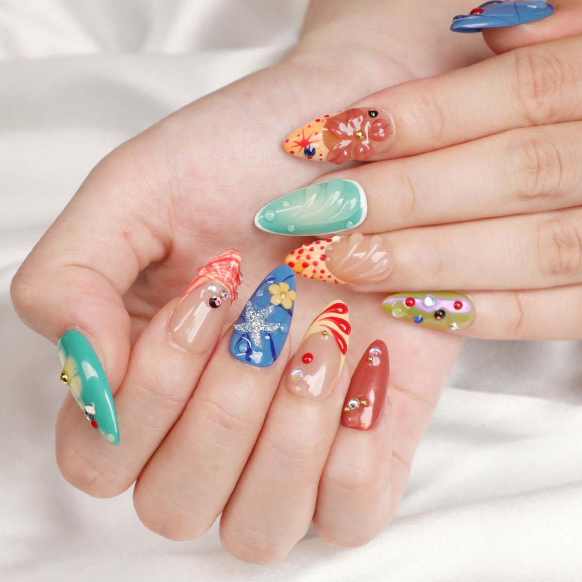 Wave Fantasy Handmade Almond Acrylic Short Press On Nails Ocean Nail For Holiday Beginner Friendly Fake Nail Set