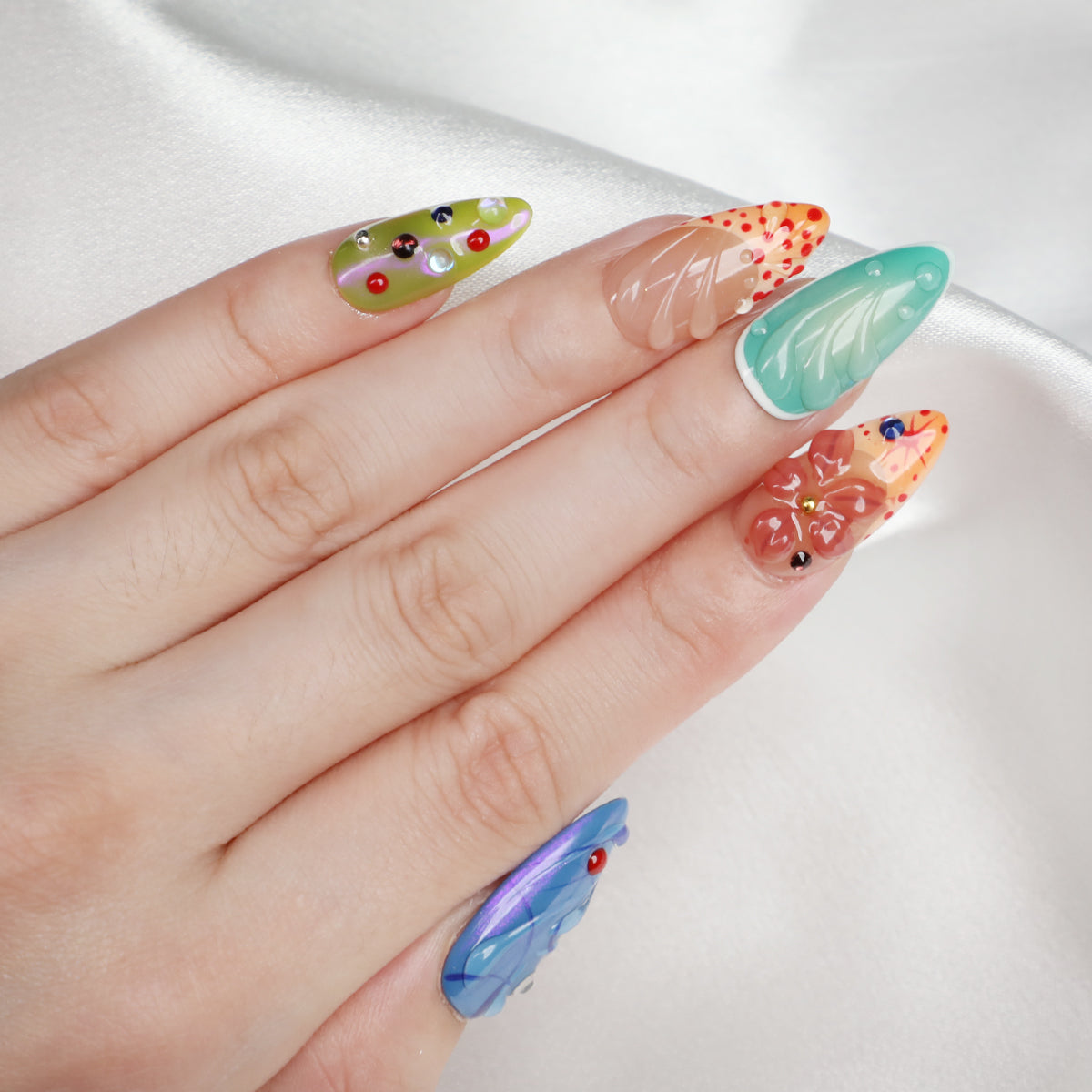 Wave Fantasy Handmade Almond Acrylic Short Press On Nails Ocean Nail For Holiday Beginner Friendly Fake Nail Set