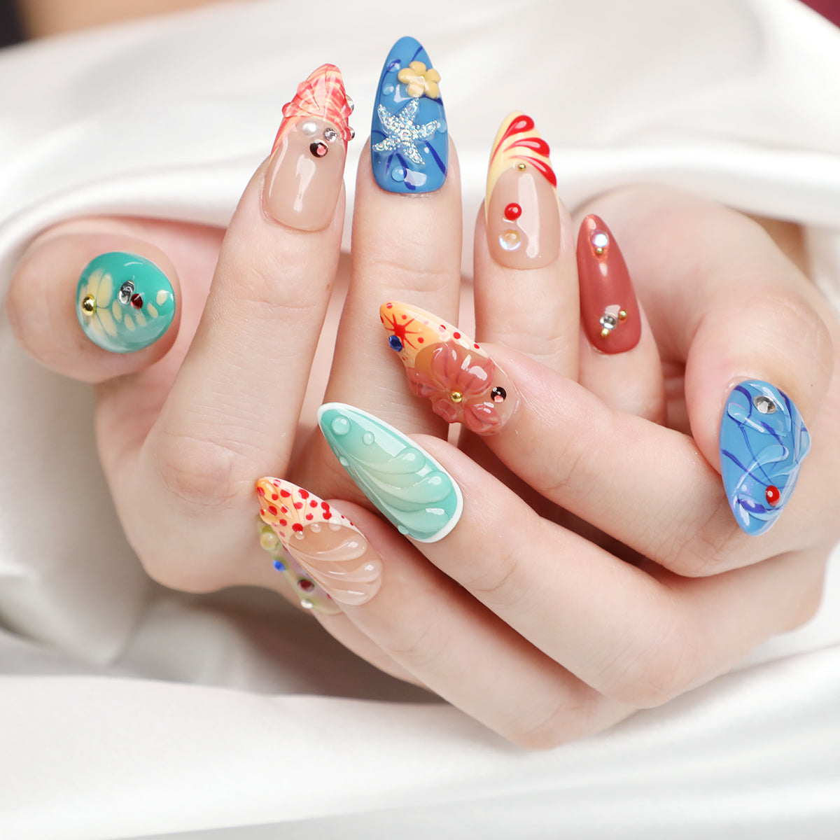 Wave Fantasy Handmade Almond Acrylic Short Press On Nails Ocean Nail For Holiday Beginner Friendly Fake Nail Set