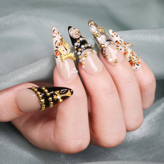 Pearl Reign Press On Nails Gold Stiletto Luxury Handmade Acrylic Press-on Long Nail Set for Elegant Glamorous Look For Dinner Event Party