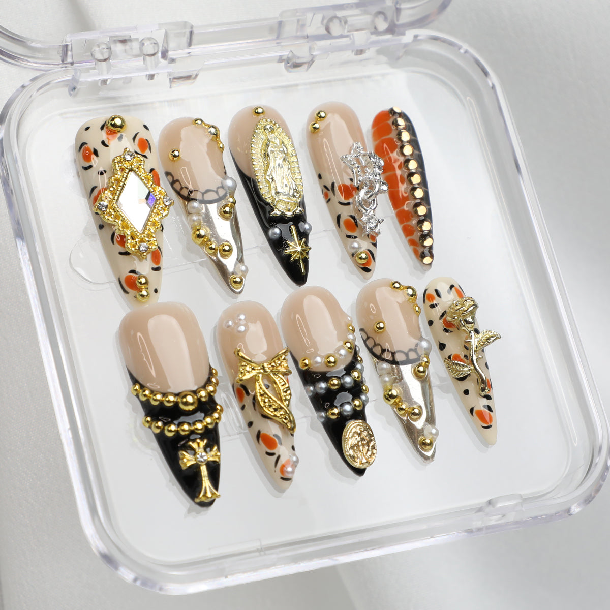 Pearl Reign Press On Nails Gold Stiletto Luxury Handmade Acrylic Press-on Long Nail Set for Elegant Glamorous Look For Dinner Event Party