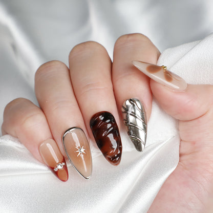 Hot Mocha Handmade Reusable Nail Set Short Almond Acrylic Brown Press On Nails For Beginner Fall Winter Nail