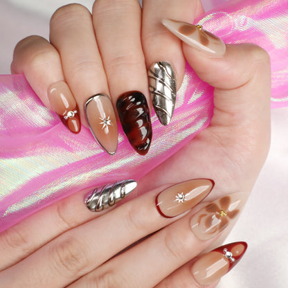 Hot Mocha Handmade Reusable Nail Set Short Almond Acrylic Brown Press On Nails For Beginner Fall Winter Nail